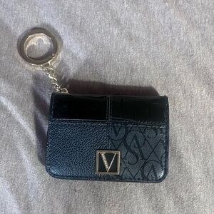 Like new VS flap card case keychain, black vegan leather patchwork